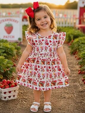 Girls Strawberry Shortcake Print Flutter Sleeve Dress - White & Red